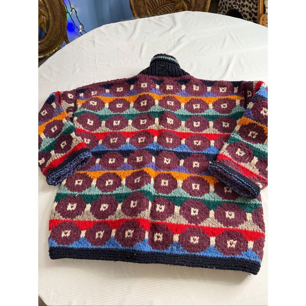 Artesanias Ishka Colorful Geometric Wool Heavy Knit Ecuador Sweater Jacket Sz XL - Picture 8 of 11